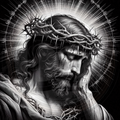 Jesus with a crown of thorns and a halo.