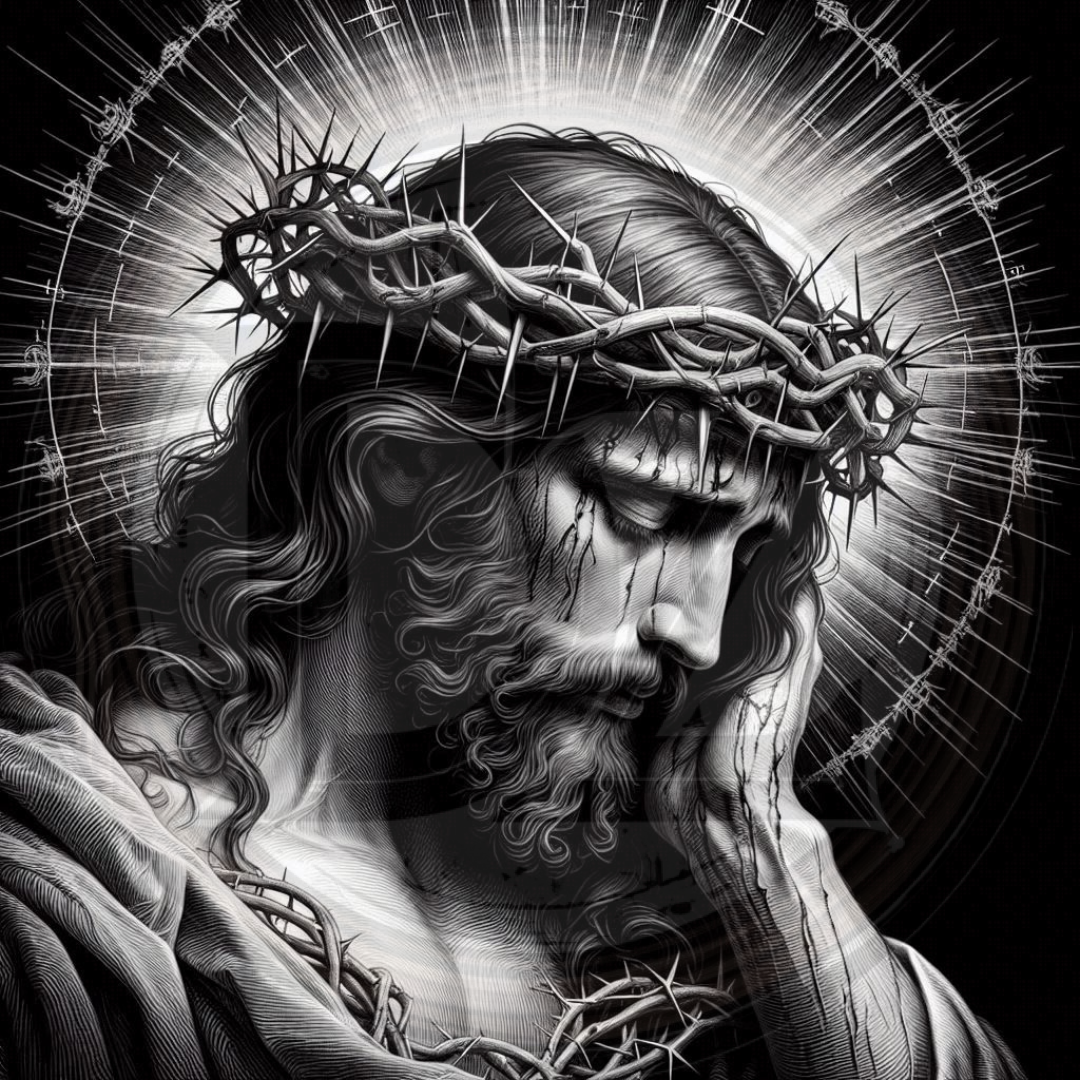 Jesus with a crown of thorns and a halo.