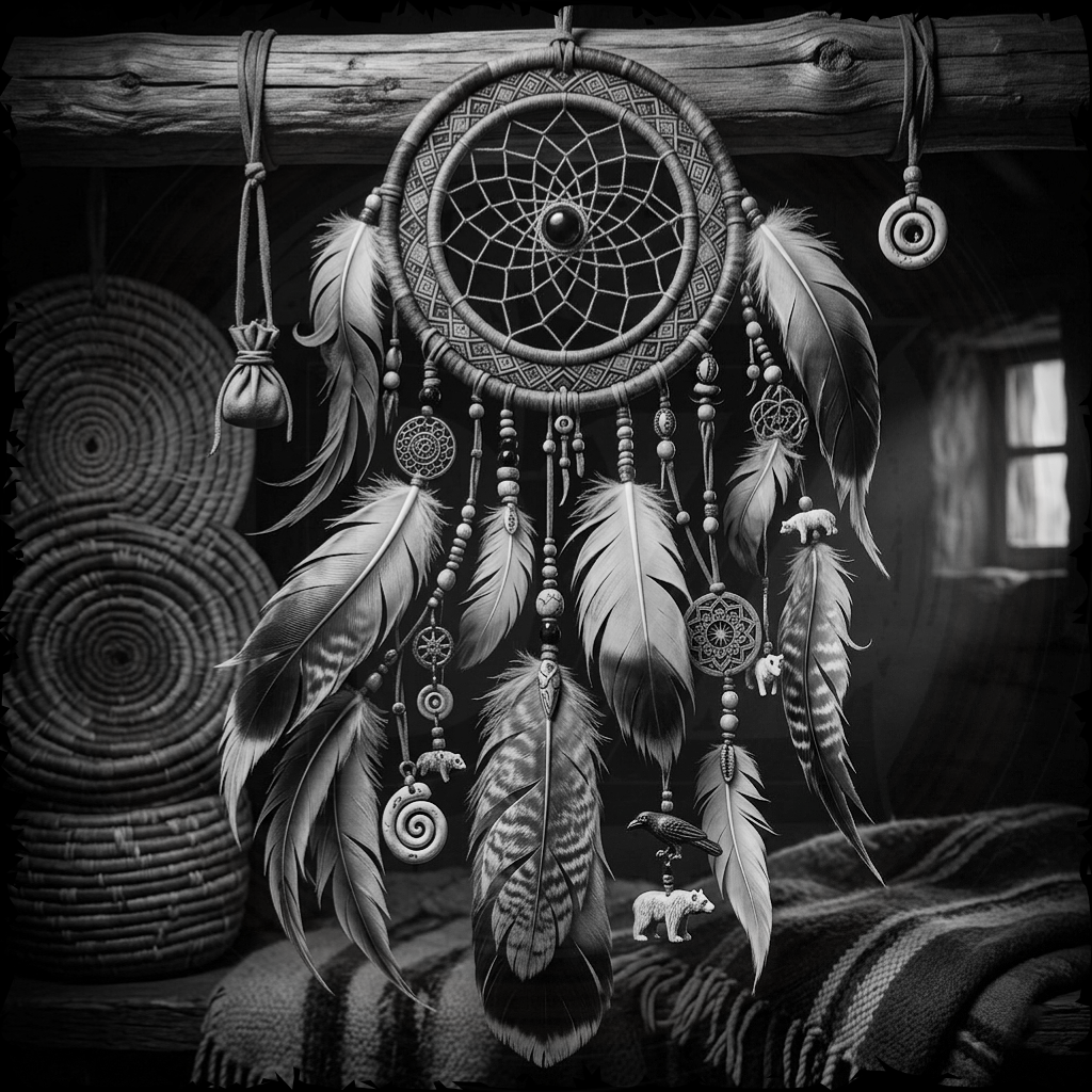 Black and white illustration of a detailed dreamcatcher with feathers and beads in a rustic setting.
