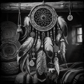 Black and white illustration of a detailed dreamcatcher with feathers and beads in a rustic setting.