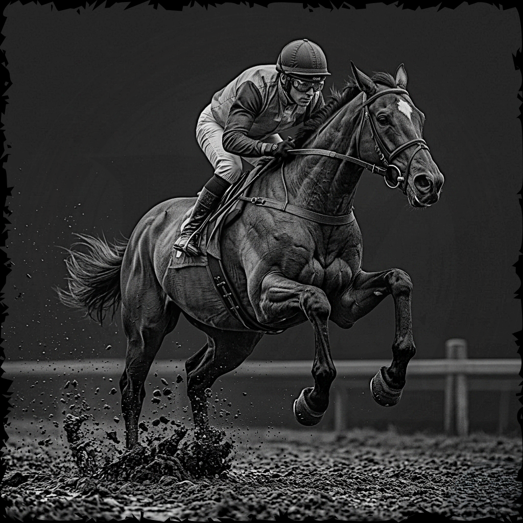 Black and white photo of a jockey riding a horse on a racetrack