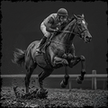 Black and white photo of a jockey riding a horse on a racetrack