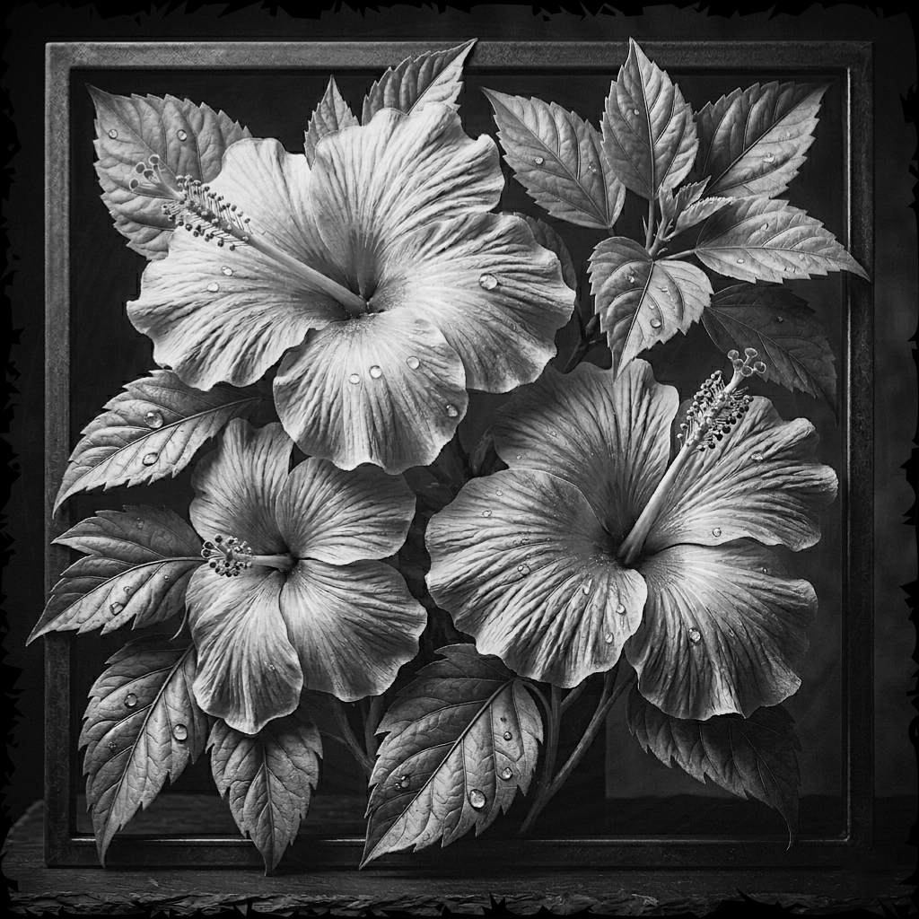 Black and white floral artwork with detailed petals and leaves.