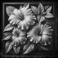 Black and white floral artwork with detailed petals and leaves.