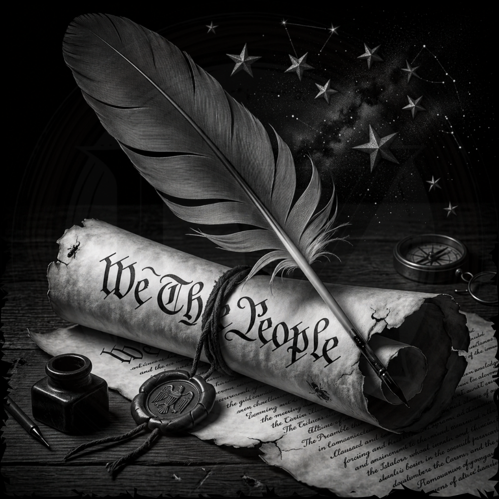 Black and white illustration of a scroll with 'We The People' text, feather, inkwell, and compass on a starry night background.