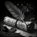 Black and white illustration of a scroll with 'We The People' text, feather, inkwell, and compass on a starry night background.