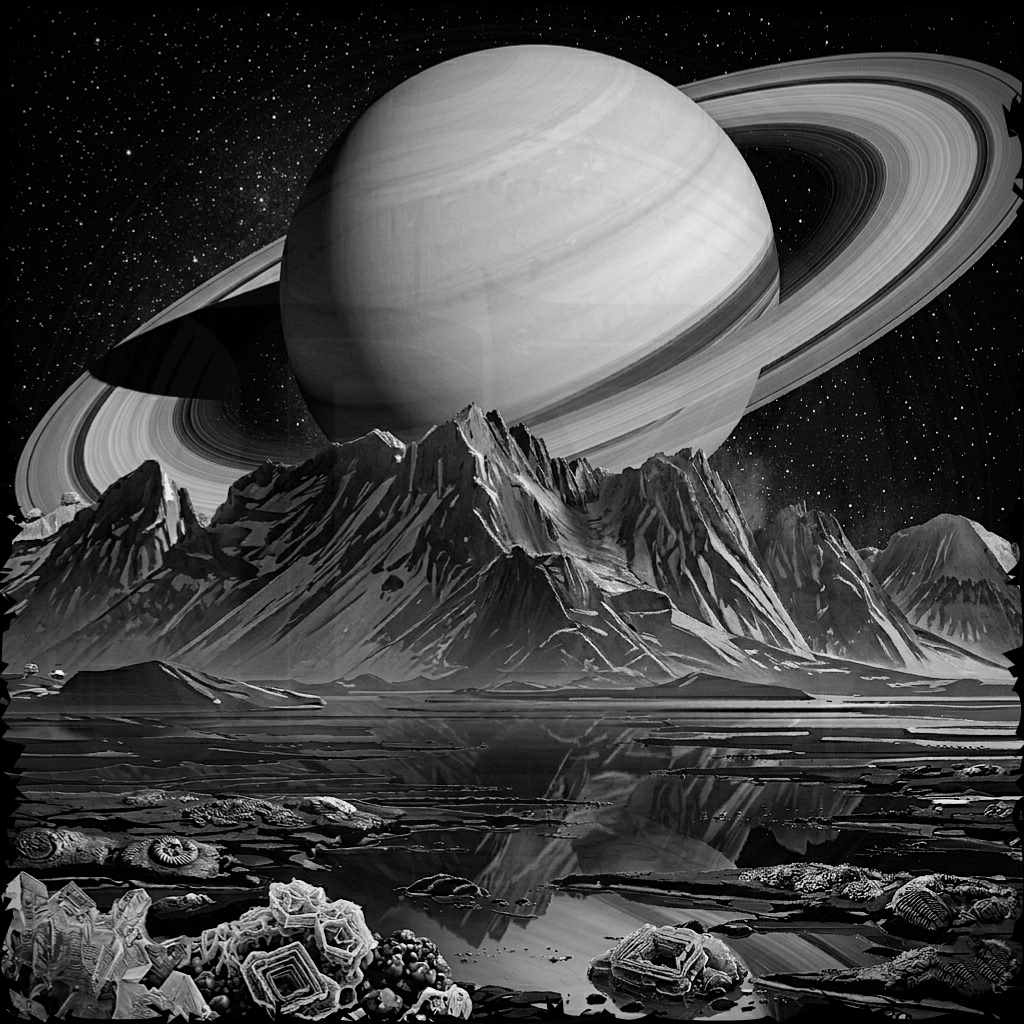 Black and white illustration of Saturn over a mountainous landscape with water and plants.