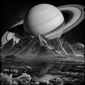 Black and white illustration of Saturn over a mountainous landscape with water and plants.