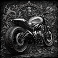 Black and white motorcycle surrounded by intricate decorative elements on a dark background