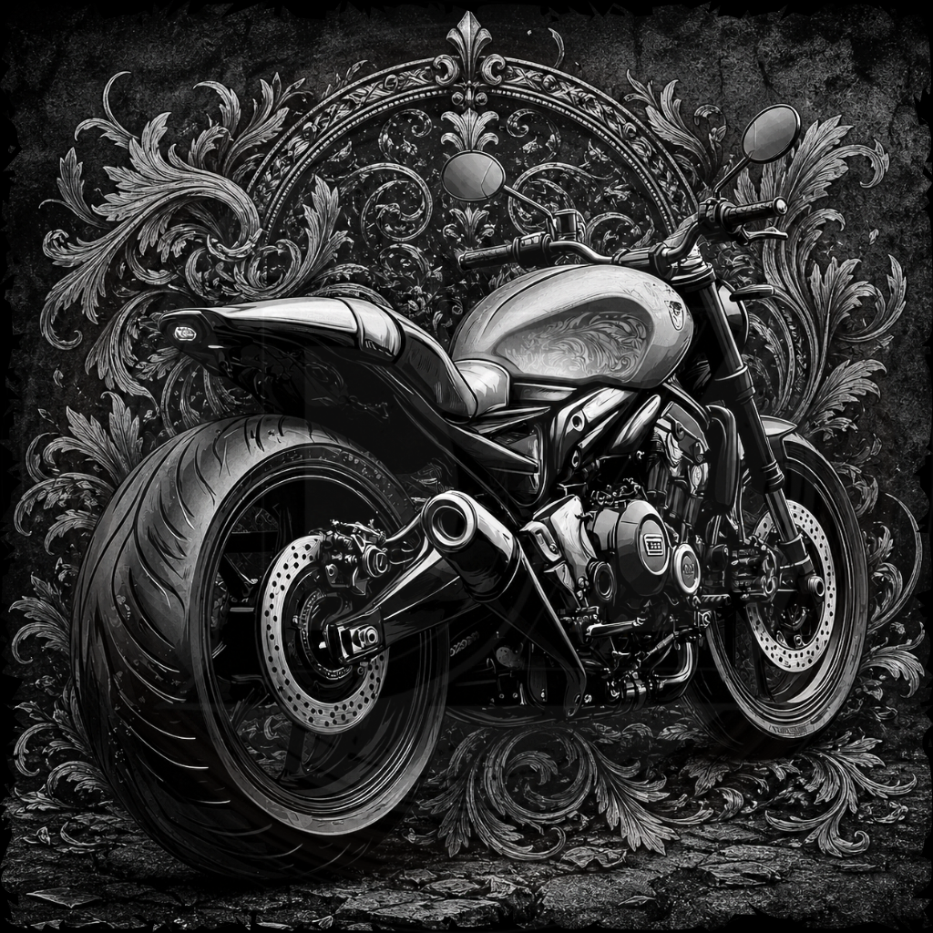 Black and white motorcycle surrounded by intricate decorative elements on a dark background