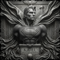 Statue of a superhero with 'Superman' logo and 'KA-EL' inscription against a detailed background.