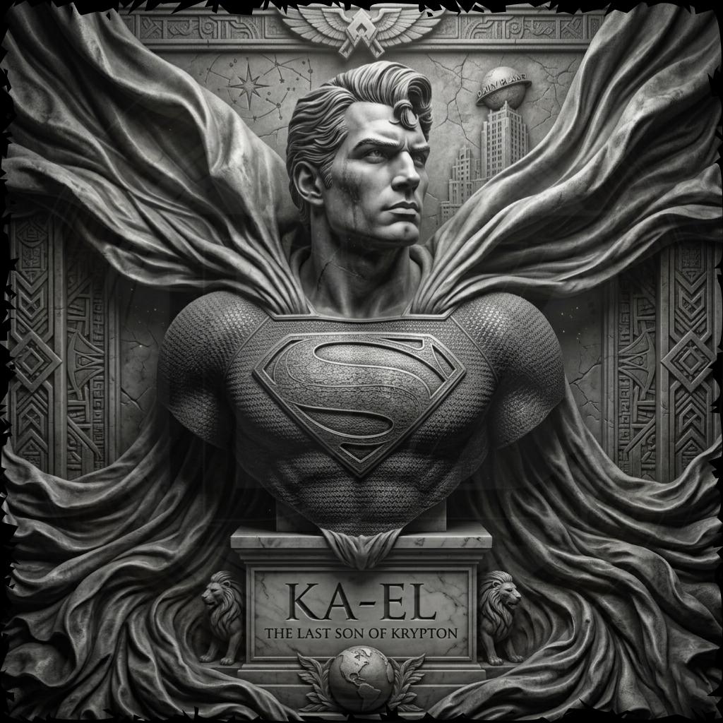 Statue of a superhero with 'Superman' logo and 'KA-EL' inscription against a detailed background.