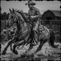 Cowboy riding a horse through water with a cow in the background, in black and white.