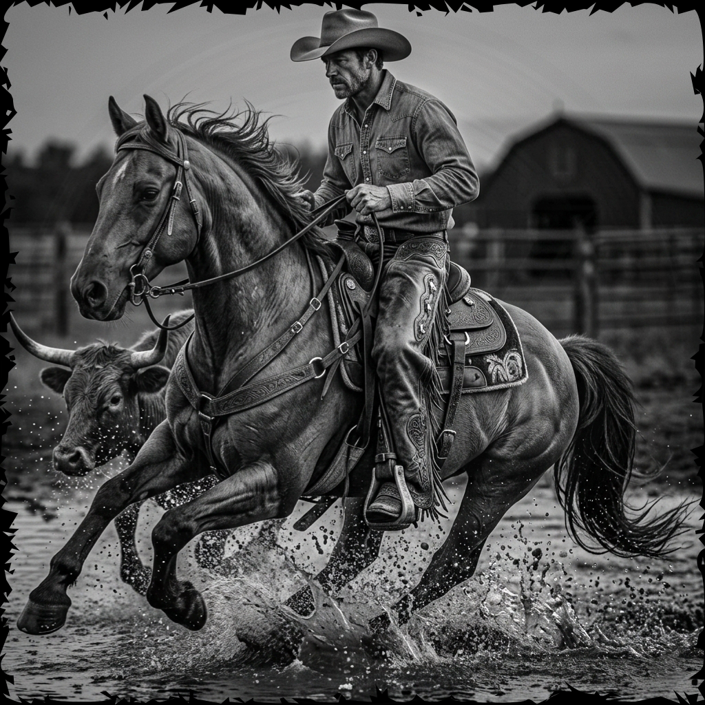 Cowboy riding a horse through water with a cow in the background, in black and white.