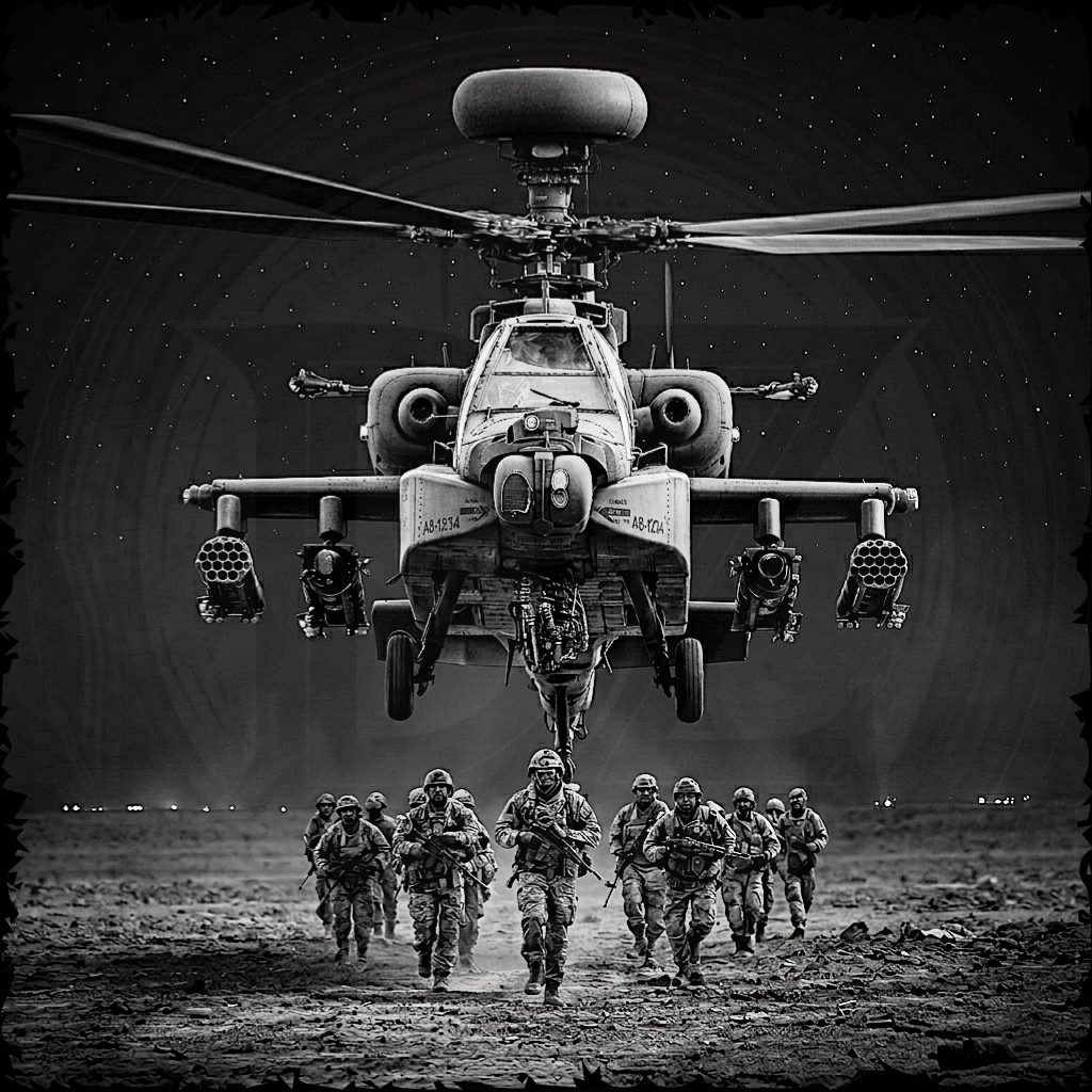 Helicopter with soldiers walking towards it on a dark background