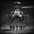 Helicopter with soldiers walking towards it on a dark background
