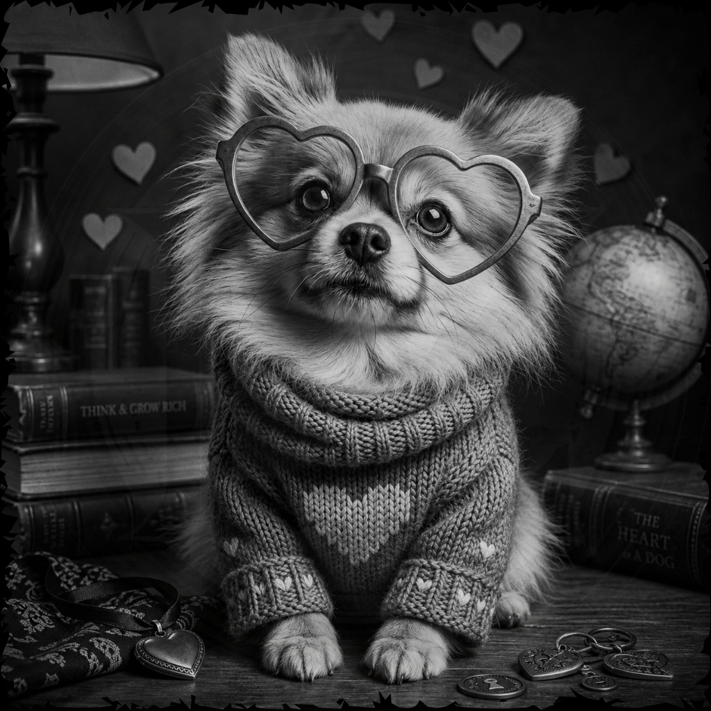 Dog wearing heart-shaped glasses and a sweater in a vintage-style room with books and a globe.