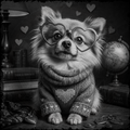 Dog wearing heart-shaped glasses and a sweater in a vintage-style room with books and a globe.
