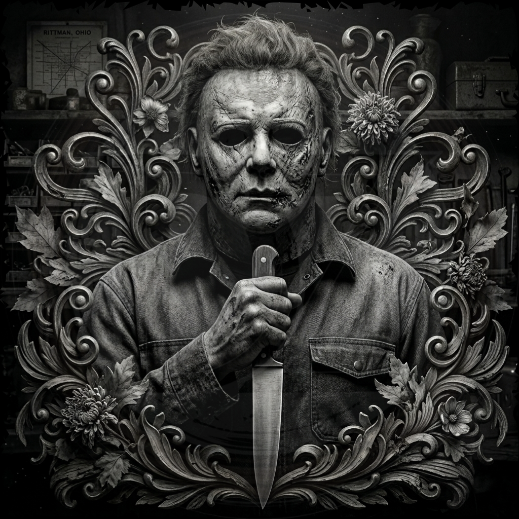 Character holding a knife with ornate decorative elements in the background