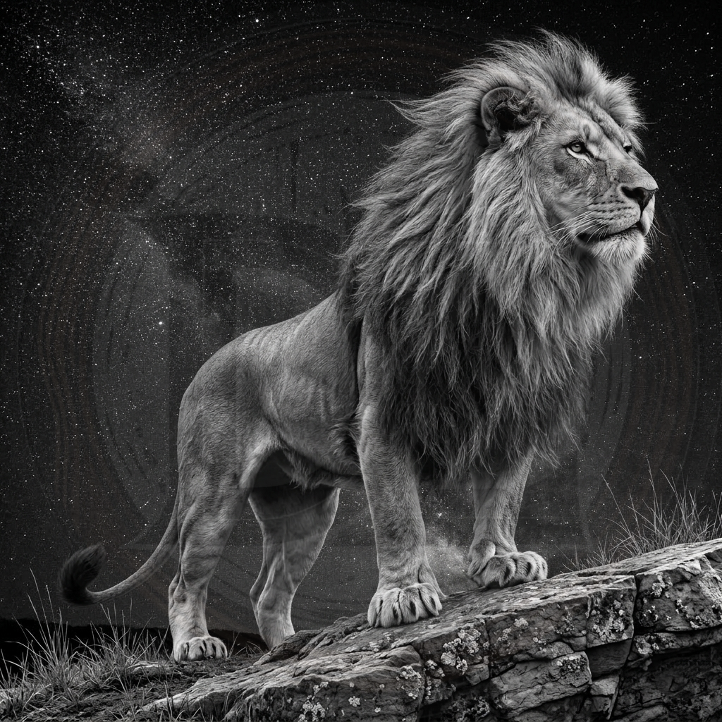 Black and white lion standing on a rock with a starry night sky background
