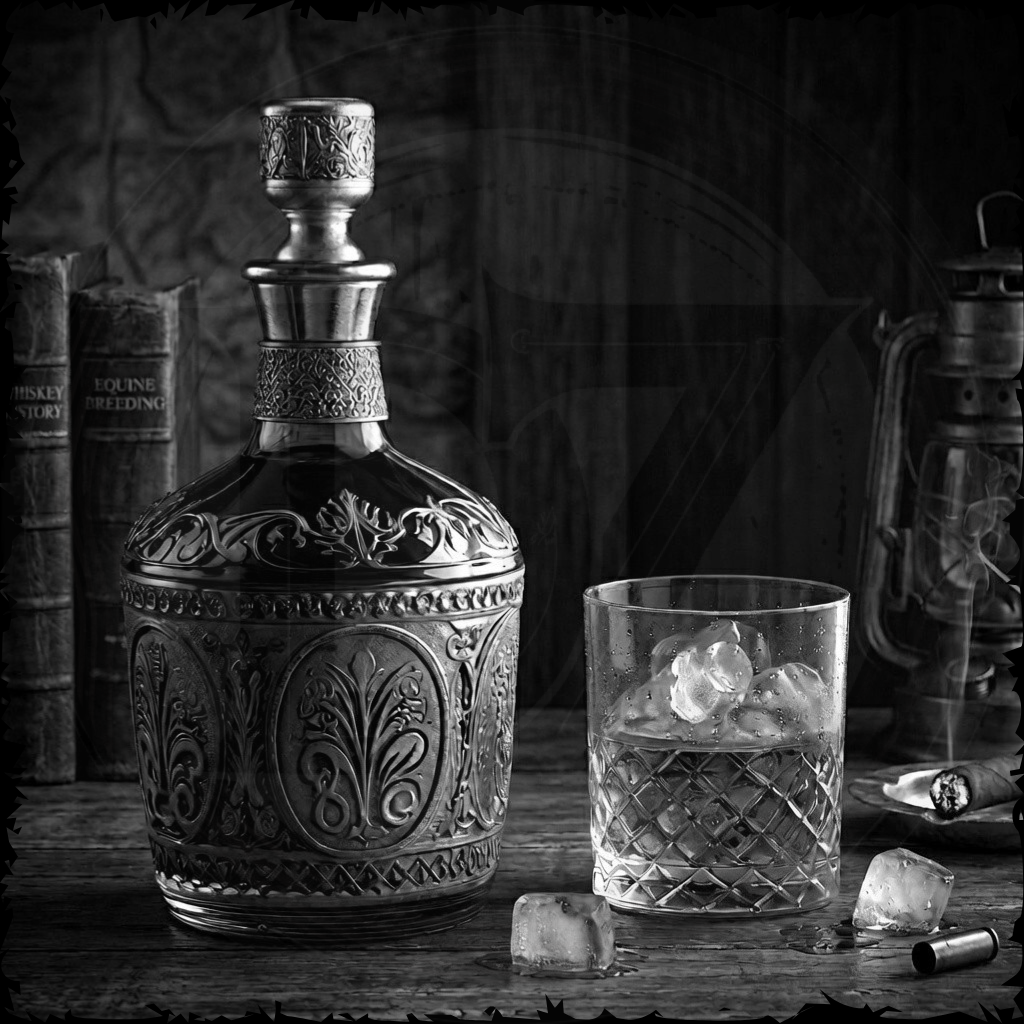 Decorative whiskey decanter with a glass of whiskey and ice cubes on a wooden surface.