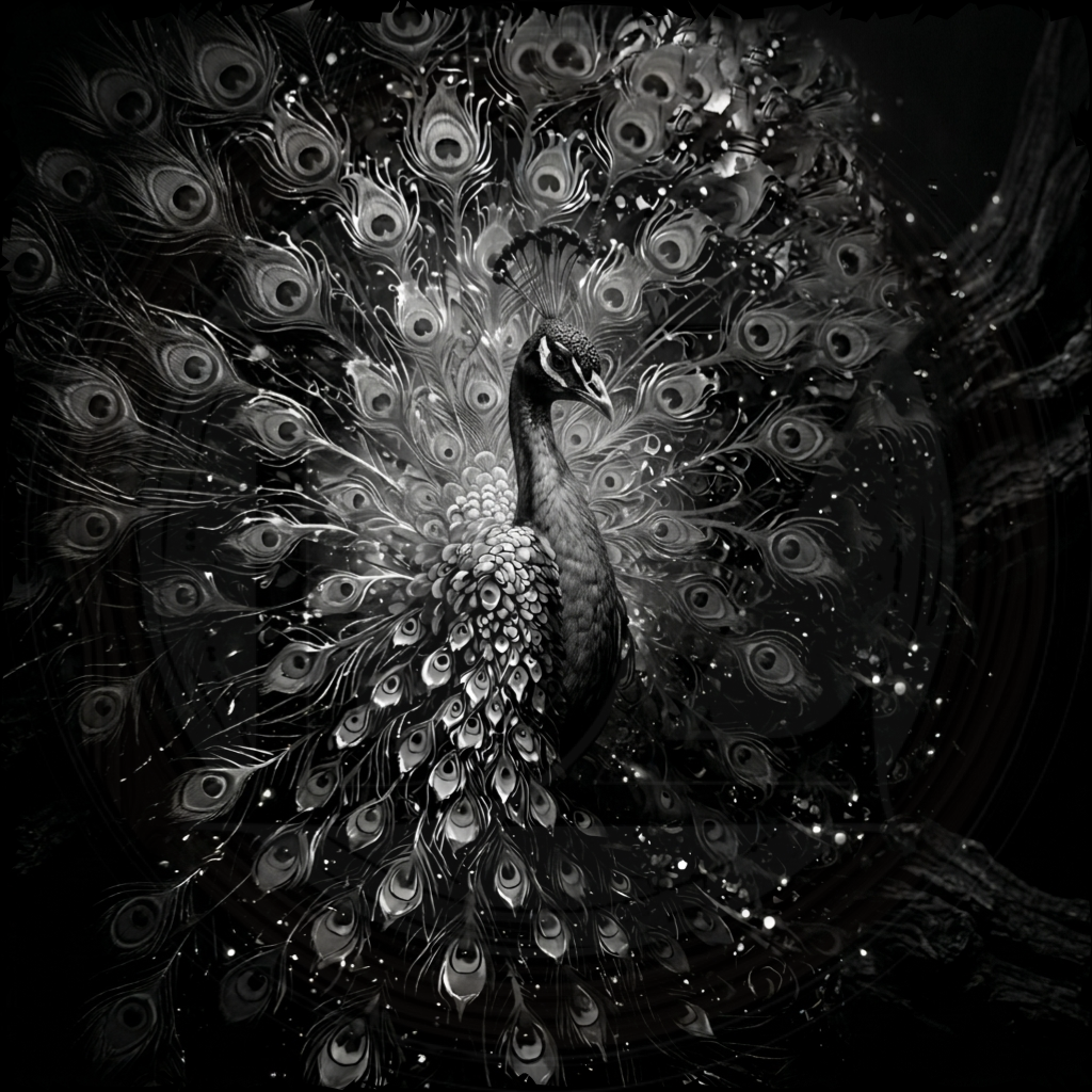 Black and white image of a peacock with detailed feathers.