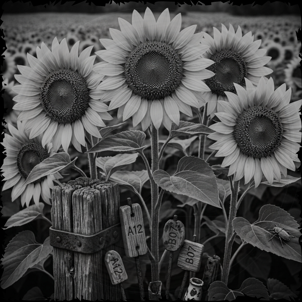 Black and white illustration of sunflowers with rustic elements.