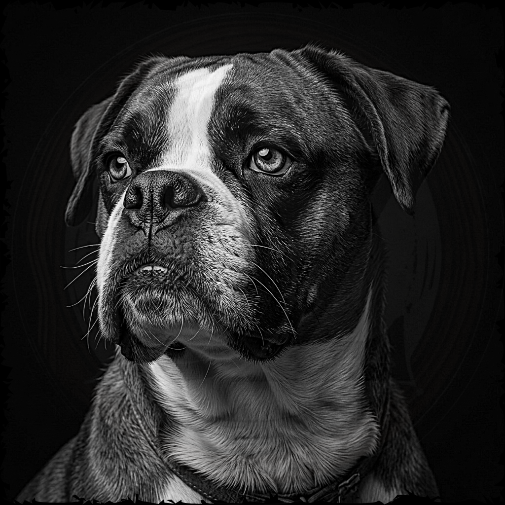 Black and white portrait of a dog with a dark background