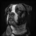 Black and white portrait of a dog with a dark background