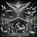 Nativity scene with angel, shepherds, and baby Jesus surrounded by animals and doves.