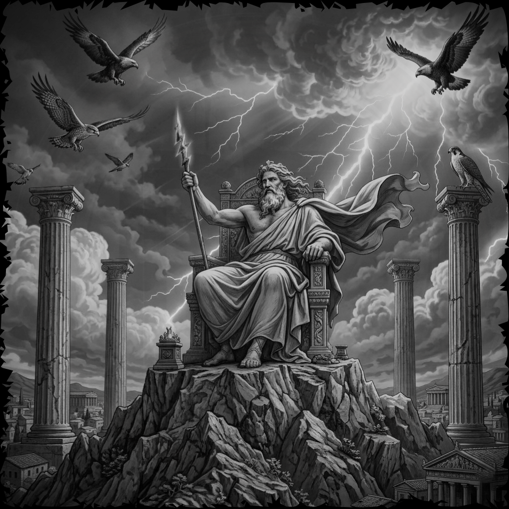 Statue of a seated figure with a robe and staff, surrounded by eagles and columns under a stormy sky.