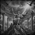 Statue of a seated figure with a robe and staff, surrounded by eagles and columns under a stormy sky.