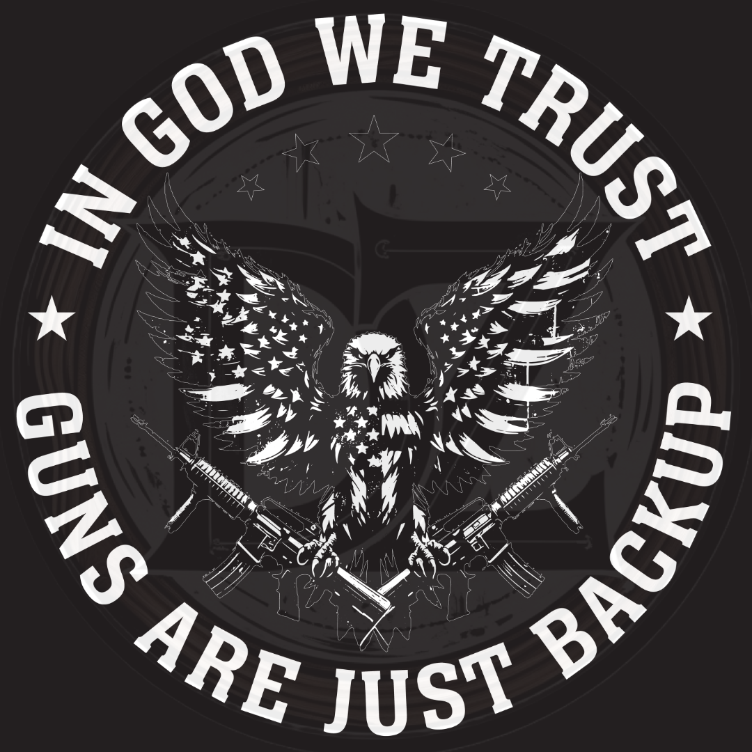 Design with an eagle, guns, and 'In God We Trust' text on a black background