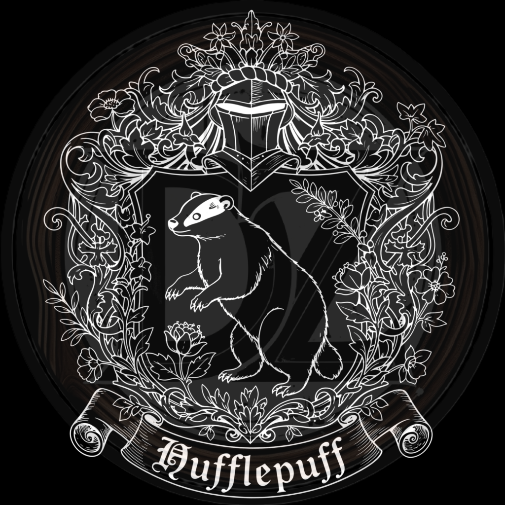 Hufflepuff crest with a badger and decorative elements on a black background
