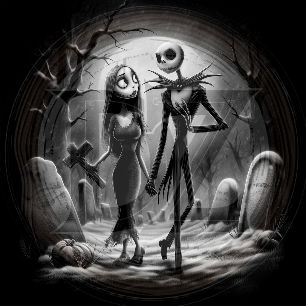 Cartoon characters in a graveyard setting with a dark and eerie atmosphere.