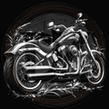 Black and white illustration of a motorcycle with decorative elements on a black background