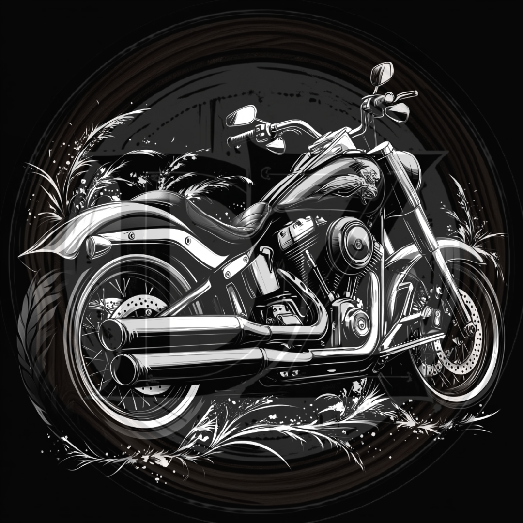 Black and white illustration of a motorcycle with decorative elements on a black background
