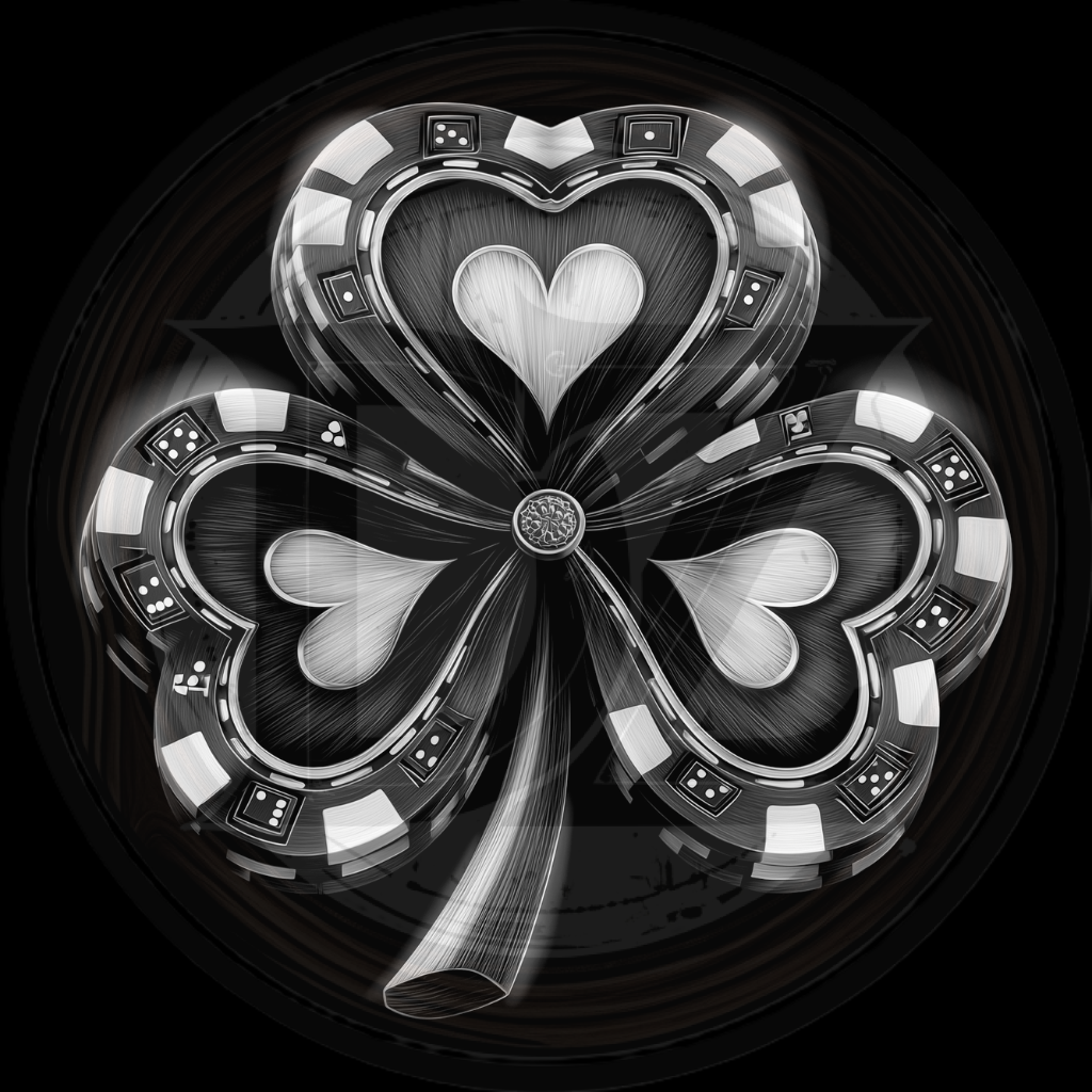 Black and white three-leaf clover design with hearts
