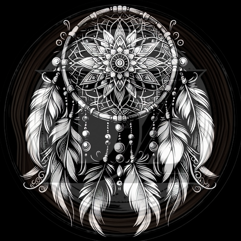 Black and white illustration of a detailed dreamcatcher with feathers on a dark background