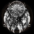 Black and white illustration of a detailed dreamcatcher with feathers on a dark background