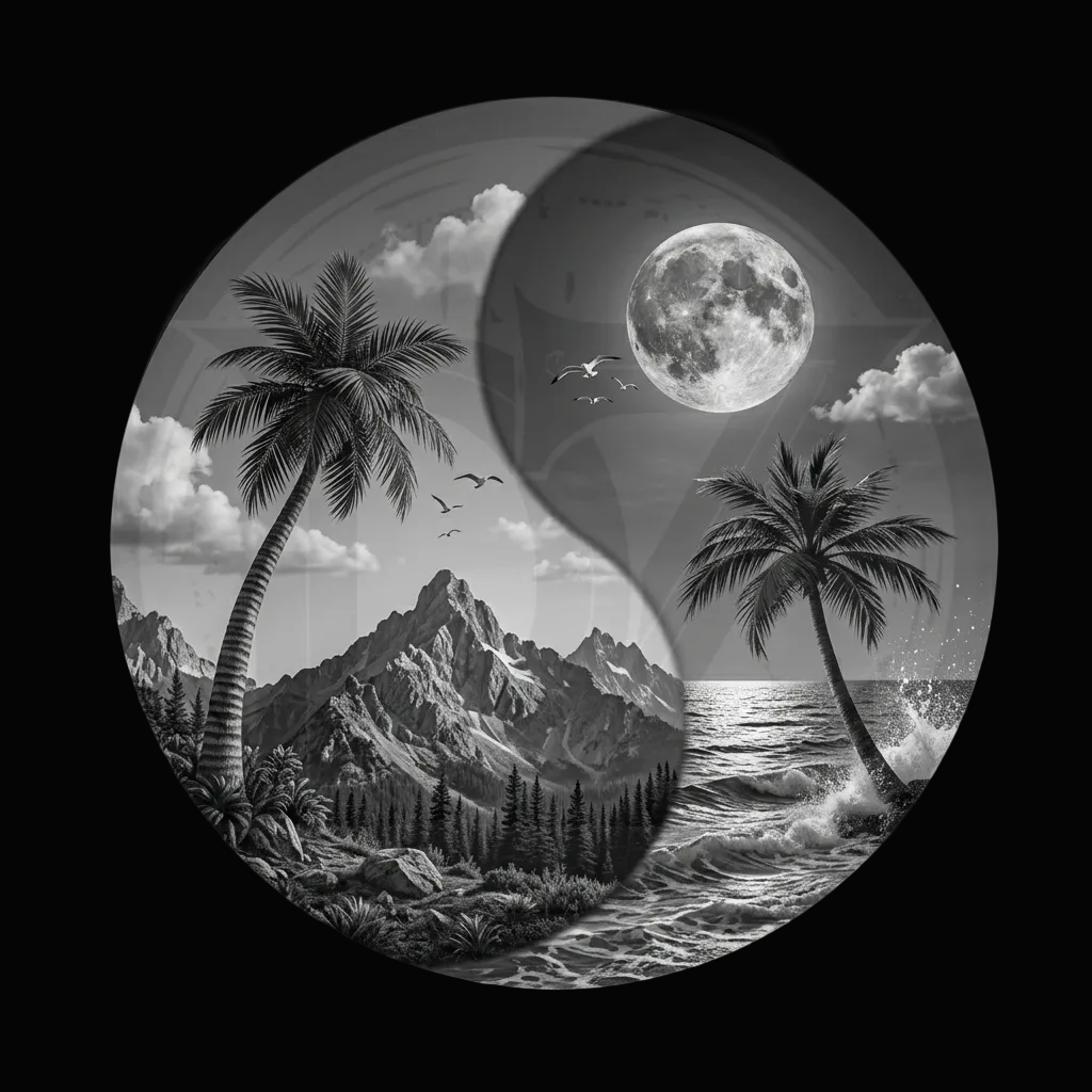 Yin yang symbol with a mountain, palm trees, and moon landscape.