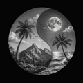 Yin yang symbol with a mountain, palm trees, and moon landscape.