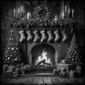 Decorative Christmas scene with a fireplace, stockings, and festive decorations.