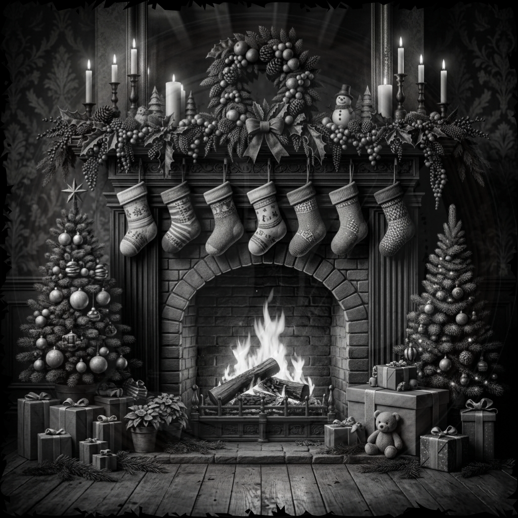 Decorative Christmas scene with a fireplace, stockings, and festive decorations.