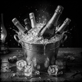 Ice bucket with champagne bottles and ice cubes on a wooden surface.