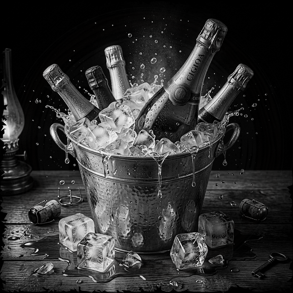 Ice bucket with champagne bottles and ice cubes on a wooden surface.