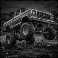 Monster truck on a dirt surface with a dark background