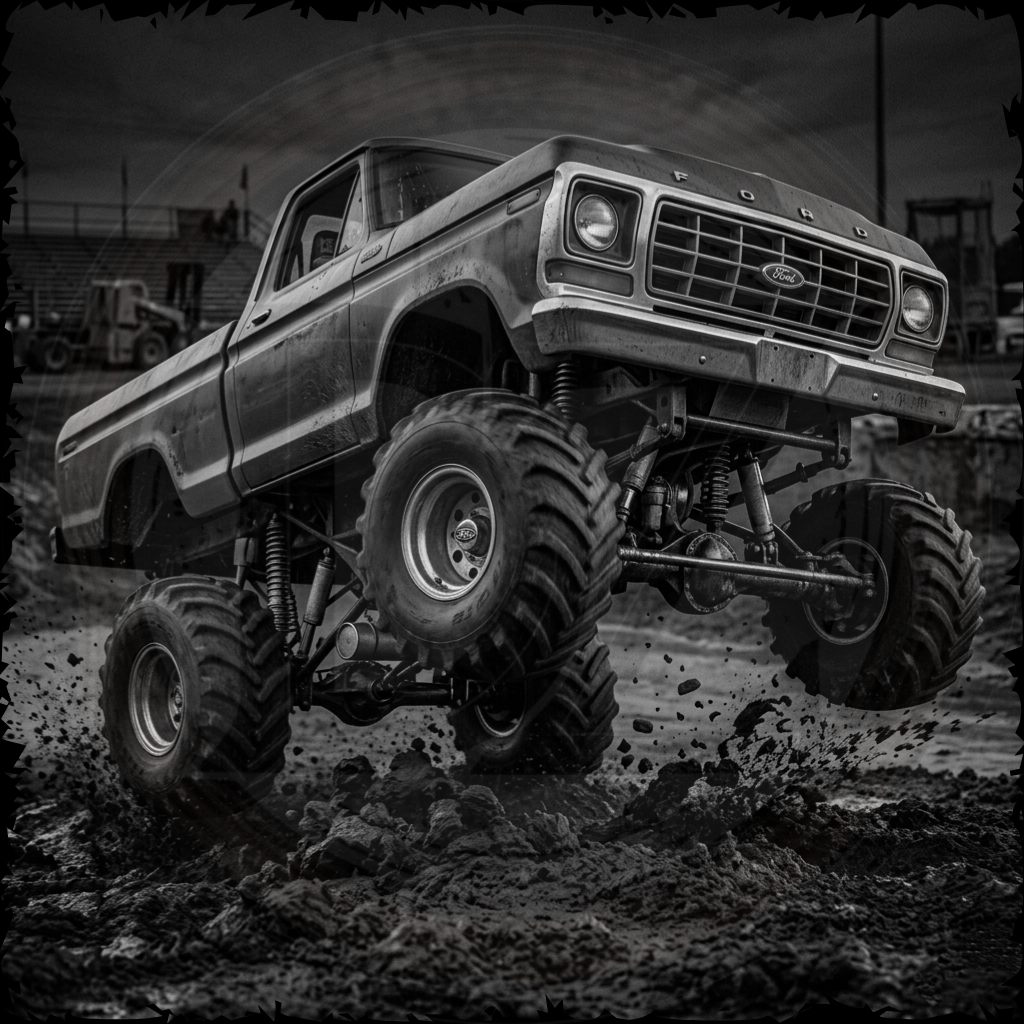 Monster truck on a dirt surface with a dark background