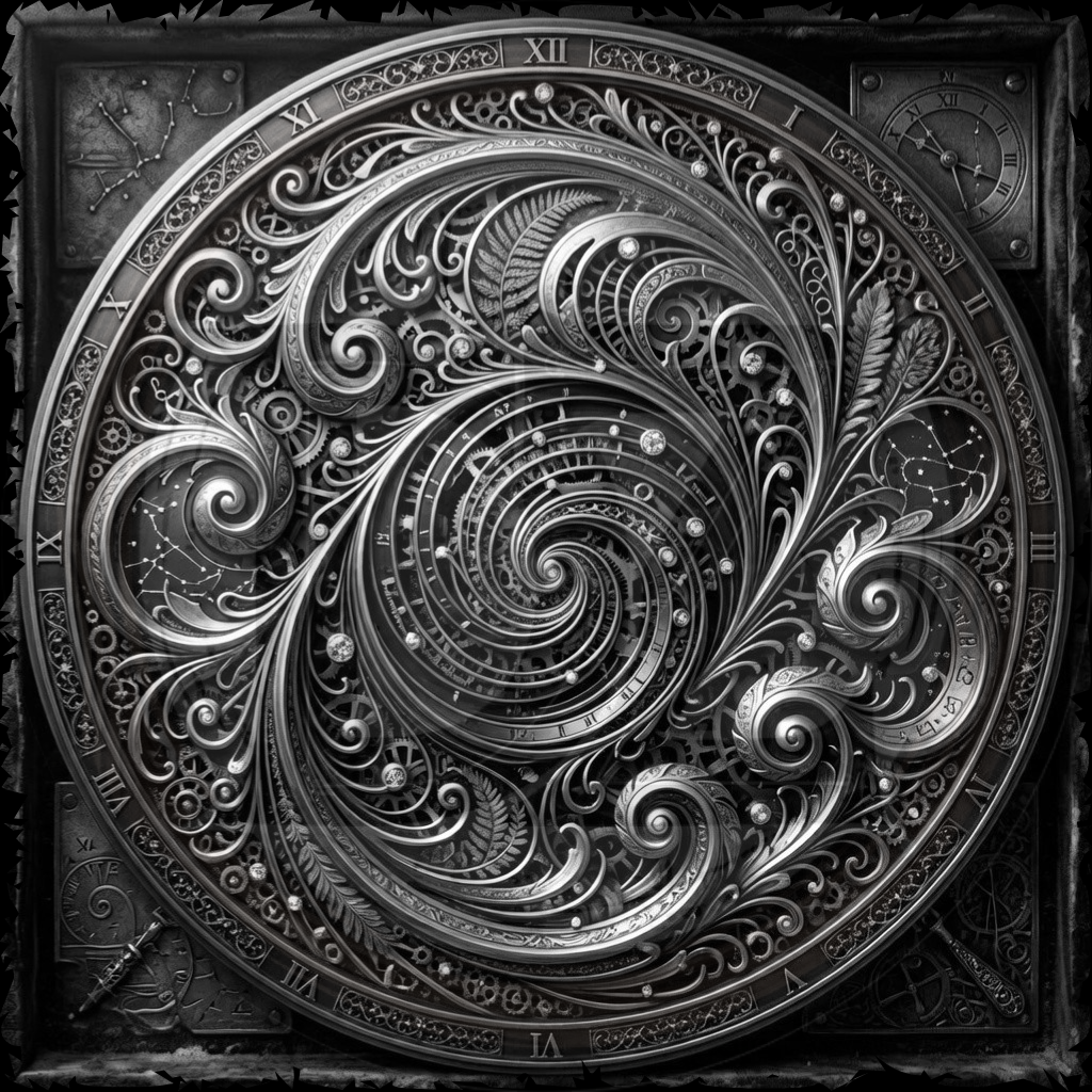 Decorative circular design with intricate patterns and Roman numerals on a dark background