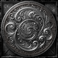 Decorative circular design with intricate patterns and Roman numerals on a dark background
